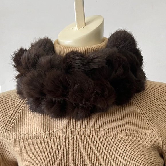 Genuine Rabbit Fur Brown Pompom Scarf Boa, one size fits all - Picture 1 of 9